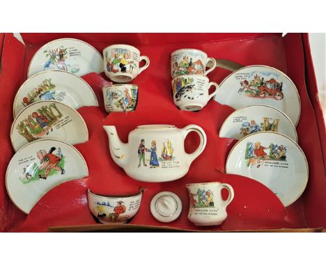 EARLY 20TH CENTURY CHILDS POTTERY TEA SETcomprising four tea cups and saucers, three side plates, lidded tea pot, tea bowl an