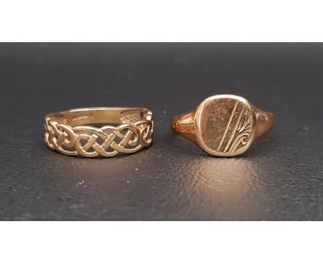 TWO NINE CARAT GOLD RINGSone a signet ring and the other with entwined pierced detail, ring sizes K and K-L respectively, tot