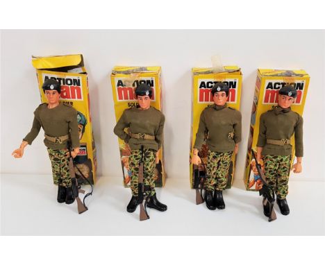 FOUR PALITOY ACTION MAN FIGURESall soldiers with military uniform, boots, beret, belt, scarf and gun, all with eagle eyes and