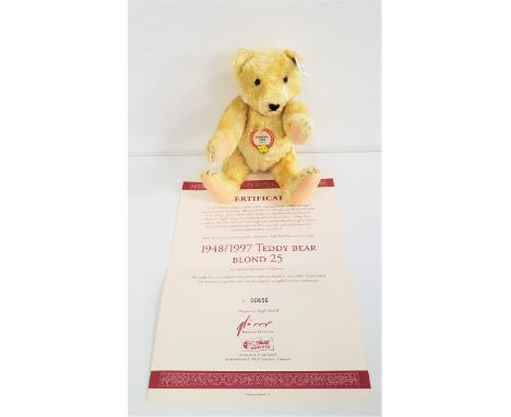LIMITED EDITION STEIFF 1948 REPLICA FROM 1997 BLOND 25 TEDDY BEARin artificial silk plush, number 856 of 5000, with certifica