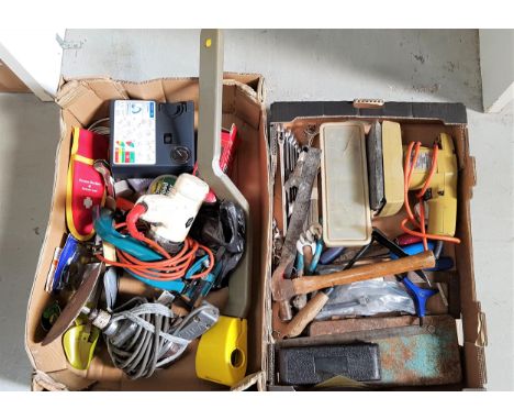 TWO BOXES OF TOOLSincluding a set of spanners, hammer, socket set, Black & Decker sander, adjustable wrench, various chisels,