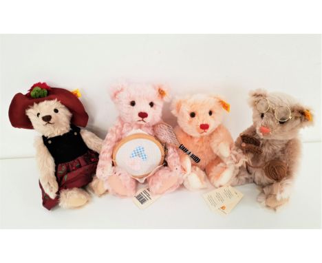 FOUR STEIFF TEDDY BEARSall in mohair and with paper tags, comprising Girl 23 holding a tennis racket (23cm high), Mother 27 h