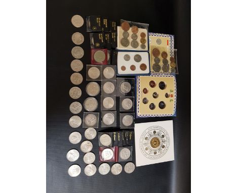 FORTY TWO COMMEMORATIVE CROWNStogether with four commemorative five pound coins; a Britain's First Decimal coin set; a 1990 U