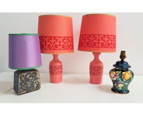 MALING LUSTRE TABLE LAMPwith a blue ground and floral decoration, 24cm high, a Barbara Davidson pottery table lamp and shade,