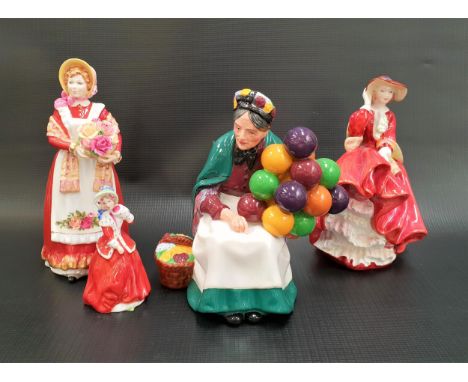 FOUR ROYAL DOULTON FIGURINEScomprising three larger size - The Old Balloon Seller, HN1315; Top O' The Hill, HN1834; and Old C