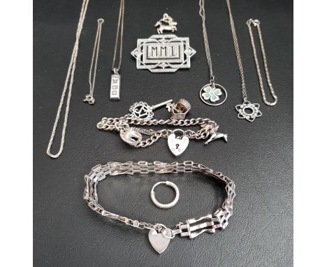 SELECTION OF SILVER JEWELLERYcomprising a gate bracelet with heart padlock clasp, a charm bracelet, a marcasite set brooch, a