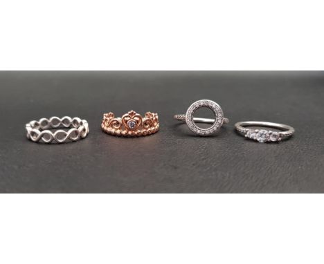 FOUR PANDORA RINGScomprising one Pandora Rose Tiara Crown ring, an Infinity band, a Sparkling Halo ring and a graduated three