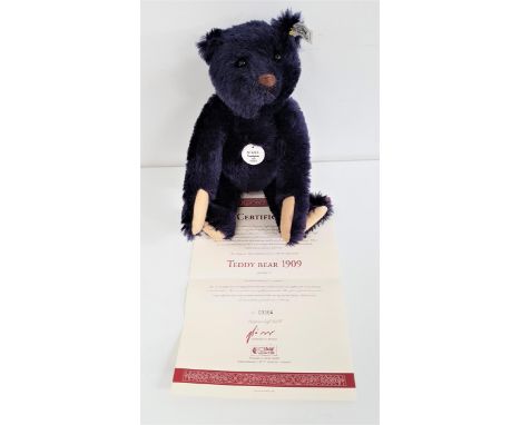 LIMITED EDITION STEIFF TEDDY BEAR 1909 REPLICAin dark blue mohair with growler, number 3364 of 7000, with certificate, with b