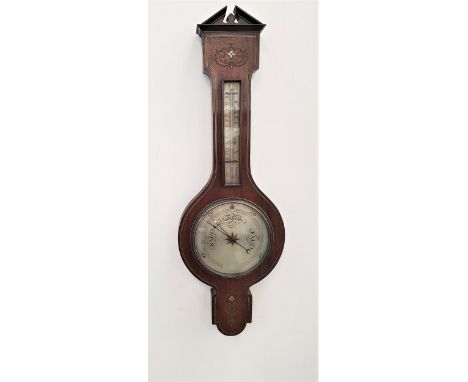 VICTORIAN ROSEWOOD BAROMETERwith inlaid decoration, the broken architectual pediment above a thermometer with a silvered meta