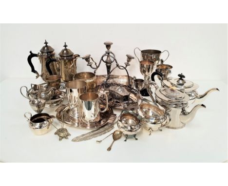 LARGE SELECTION OF SILVER PLATEincluding tea and coffee pots, tankards, jewellery box, three branch candleabra, various sport