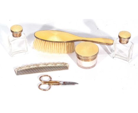 Small leather suitcase marked 'Asprey', contents to include two glass bottles with screw on lids, a circular glass powder wit