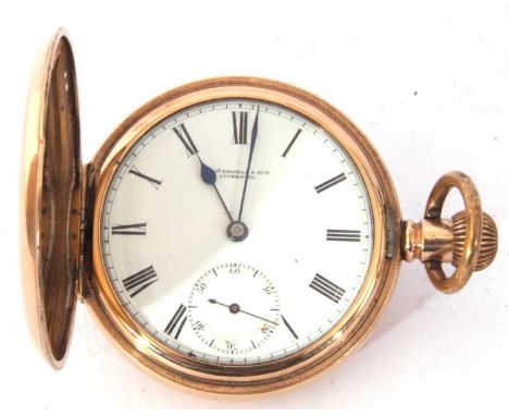 A Thomas Russell &amp; Sons of Liverpool, gold plated hunter pocket watch, white enamel dial with Roman numerals and blue han