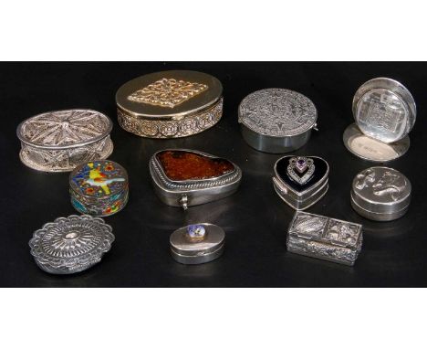 Collection of nine mainly silver/white metal decorative boxes and hallmarked silver menu holder, together with a gilt metal o