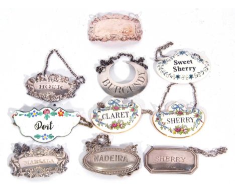 Mixed Lot: hallmarked silver Sherry label, five metal examples, one enamel Port label together with three porcelain labels, C