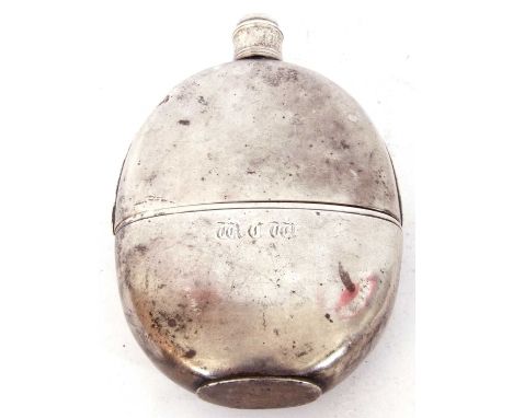 Georgian silver hip flask of oval form and screw on lid, engraved with initials, hallmarked London 1830, maker's mark Charles