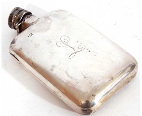 Early 20th century silver hip flask, circa 1920, of rectangular curved form with rounded corners, with plain domed hinge bayo