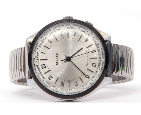 Gents RAKETA World Time wrist watch, the watch features an inner bezel with World cities on, manual wound movement, case appr