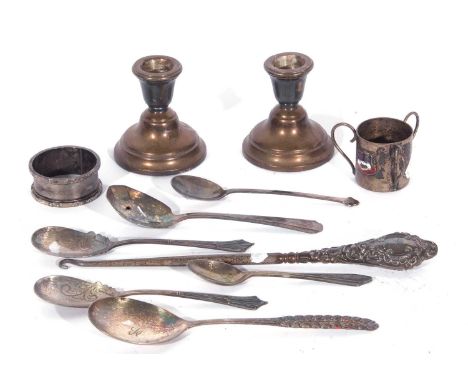 Mixed Lot: pair of hallmarked silver dwarf candlesticks, a silver handled large button hook, a silver serviette ring and six 
