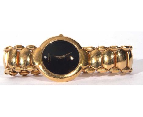 First quarter of 21st century ladies gold plated evening watch by Raymond Weil of Geneve with calendar aperture, black dial, 
