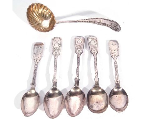 Group of five Georgian and later Fiddle pattern and bright cut tea spoons, (conditions vary), together with a plated sauce la