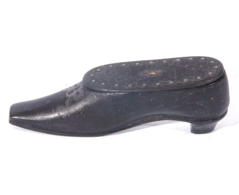 Papier mache and ebonised finish snuff box formed as a shoe, 9cm long