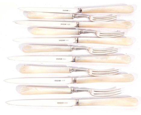 Six silver bladed and mother of pearl knives and five three-prong matching forks, Sheffield 1927, maker's mark Mappin &amp; W