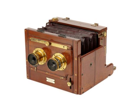 A Spencer Photo Chemist Stereo Mahogany Tailboard Camera, probably manufactured by W. Watson &amp; Son., with Wray London f/1