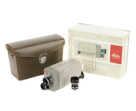 A Leitz Leicina 8S Cine Camera, 1960, green, serial no. 14789, with Leitz Dygon f/2 15mm and Dygon f/2 9mm lenses, body, G-VG
