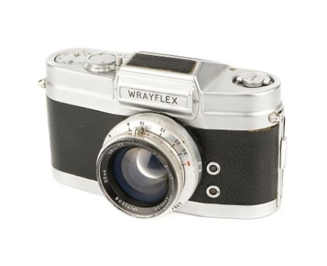 A Wray Wrayflex Ia SLR Camera, 1950-, chrome, serial no. 3405, with Wray Unilite f/2 50mm lens, chrome, serial no. 172508, bo