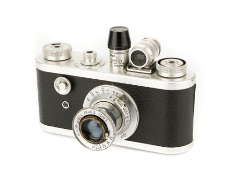 A Corfield Periflex 1 Camera, 1954, chrome, serial no. 617084, with Leitz Elmar f/3.5 50mm lens, 1933, chrome, serial no. 183
