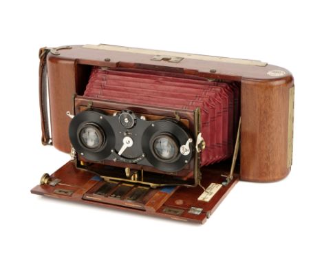 A J. Lizars Challenge Dayspool Tropical Stereo Camera, 1905, 2¼x6¾'', teak, with A. E. Stanley &amp; Co. Eurylan Series I f/4