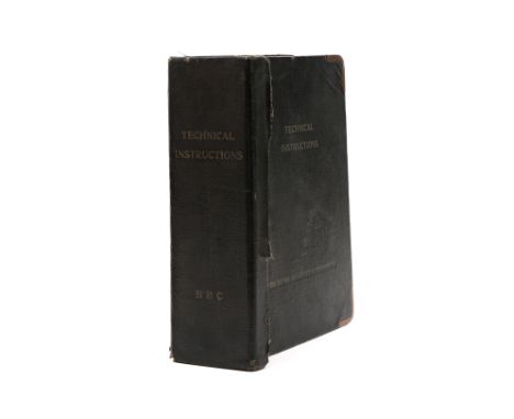 An Early BBC Transmission Technical Instruction Manual, faux black leather-covered binder with brass corner protectors, stamp