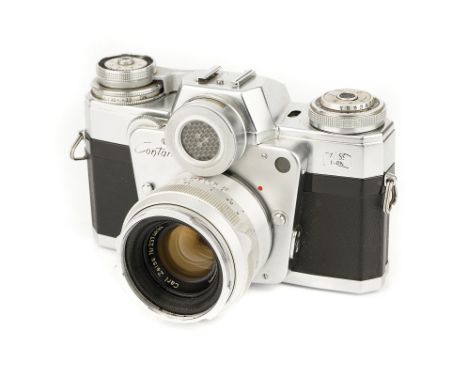 A Zeiss Ikon Contarex I Bullseye SLR Camera, 1959-66, chrome, serial no. Y6450, with Carl Zeiss Planar f/2 50mm lens, chrome,
