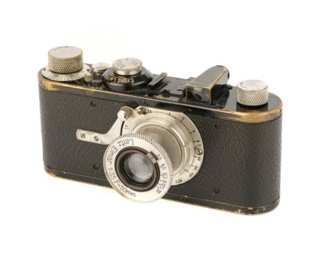 A Leica I Model A Camera, 1928, black, serial no. 7728, with Leitz Elmar f/3.5 50mm lens, nickel, body, G, shutter working, s