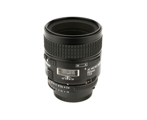 A Nikon AF Micro-Nikkor f/2.8 60mm Lens, black, serial no. 2340348, body, E, elements, VG-E, some very light internal haze, w