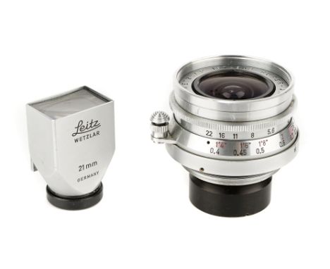 A Leitz Super-Angulon f/4 21mm Lens, 1959, chrome, serial no. 1674903, body, VG-E, elements, VG, some very light internal haz