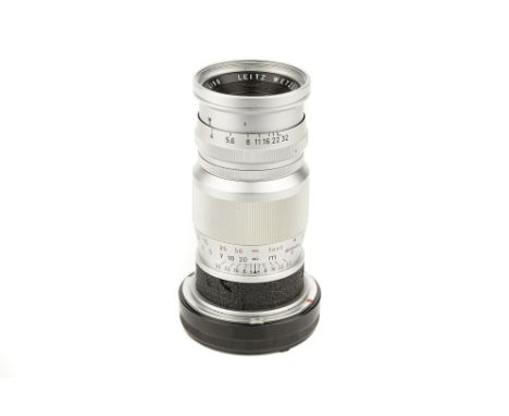 A Leitz Elmar f/4 90mm Lens, 1959, chrome, serial no. 1712632, body, VG, slight cracking to vulcanite, elements, VG, some lig