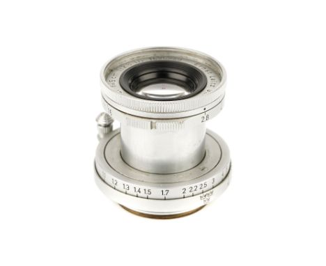 A Leitz Elmar f/2.8 50mm Lens, 1958, 'Swedish Three Crowns', chrome, serial no. 1625249, body, VG, elements, G-VG, some light