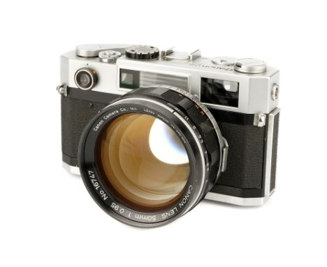 A Canon 7s Rangefinder Camera, 1965-67, chrome, serial no. 113804, with Canon f/0.95 50mm lens, black, serial no. 16747, body