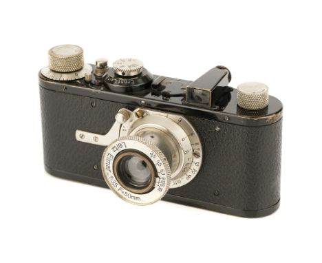 A Leica I Model A Camera, 1930, black, serial no. 43733, with Leitz Elmar f/3.5 50mm lens, nickel, body, VG, shutter sticking