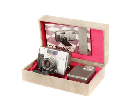 A Contax T Compact Rangefinder Camera, 1984, titanium, serial no. 065436, with Carl Zeiss Sonnar T* f/2.8 38mm lens, body, F-