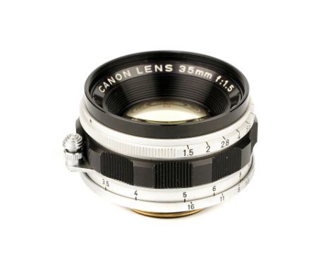 A Canon f/1.5 35mm Lens, black, serial no. 10260, body, VG, elements, VG-E, some light internal haze