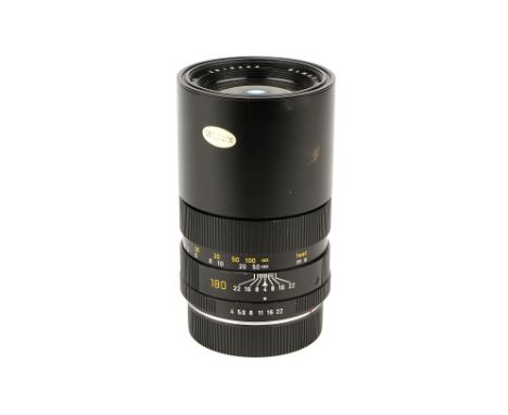 A Leitz Elmar-R f/4 180mm Lens, 1977, black, serial no. 2818300, body, G-VG, elements, G-VG, some light internal haze, with m