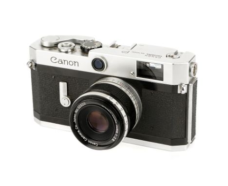 A Canon P Rangefinder Camera, 1959-61, chrome, serial no. 723281, with Canon f/2.8 50mm lens, black, serial no. 32020, body, 