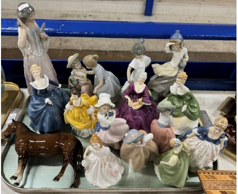 TRAY WITH BESWICK HORSE ORNAMENT &amp; VARIOUS FIGURINE ORNAMENTS, ROYAL DOULTON, NAO ETC     