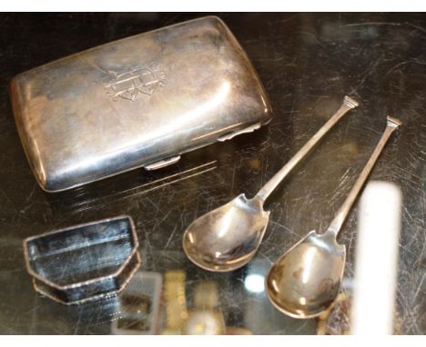 PAIR OF SHEFFIELD STERLING SILVER SPOONS, BIRMINGHAM STERLING SILVER CIGARETTE BOX &amp; BIRMINGHAM STERLING SILVER NAPKIN RI