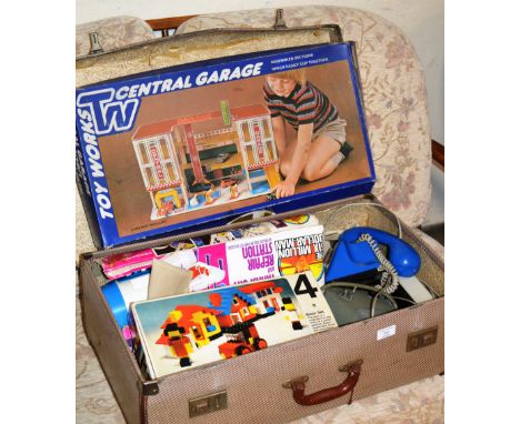 CASE WITH ASSORTED TOYS, VINTAGE LEGO, 6 MILLION DOLLAR MAN, VINTAGE TELEPHONE ETC     