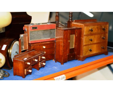 MAHOGANY CASED MANTLE CLOCK, SMALL RADIO, 3 PIECE MINIATURE / APPRENTICE BEDROOM SET &amp; APPRENTICE CHEST     