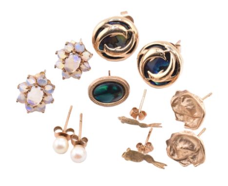 A quantity of 9ct gold and gem set earrings to include abalone, opal, and pearl. The lot sold as found with one pair incomple