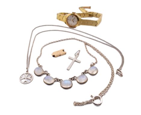 A collection of silver jewellery and a Rotary wristwatch. The lot to include a silver and moonstone set necklace, marked 925 